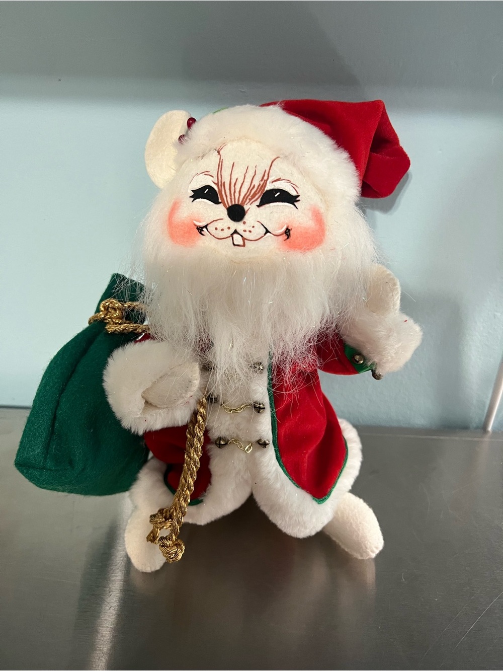 Annalee Plush Santa Mouse with Green Gift Sack - Red & Green Holiday Doll